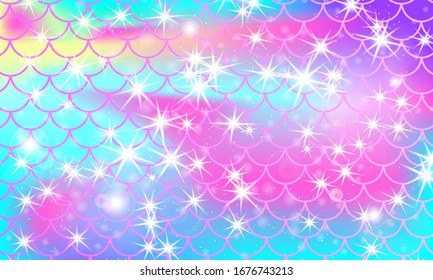 Meerjungfrau Kawaii Muster. Fischskala. Aquarellsterne. Illustration zur Vektorillustration der Farben. Regenbogen-Hintergrund.