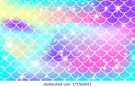 Mermaid kawaii pattern. Fish scale. Watercolor holographic stars. Color vector illustration. Rainbow background.