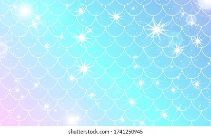 Mermaid kawaii pattern. Fish scale. Watercolor holographic stars. Color vector illustration. Rainbow background.
