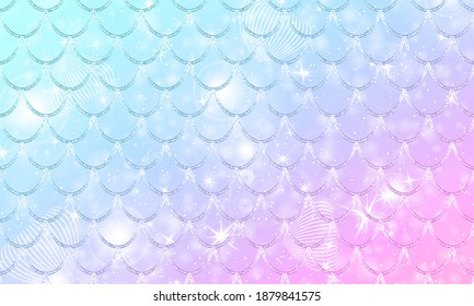 Patrón kawaii de sirena. Escala de peces. Estrellas holográficas acuarelas.