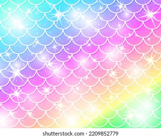 Mermaid kawaii pattern. Fish scale. Mermaid rainbow. Holographic magic stars. Color vector illustration. Rainbow background. Unicorn pattern.