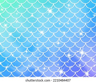 Mermaid kawaii pattern. Fish scale. Mermaid rainbow. Holographic magic stars. Color vector illustration. Rainbow background. Unicorn pattern.