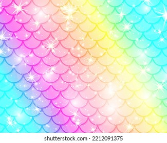 Patrón kawaii de sirena. Escala de peces. Arcoiris de sirena. Estrellas de magia holográfica. Ilustración del vector de color. Fondo del arcoiris. Patrón de unicornio.