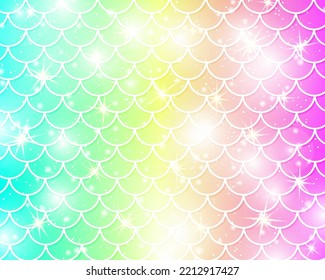 Mermaid kawaii pattern. Fish scale. Mermaid rainbow. Holographic magic stars. Color vector illustration. Rainbow background. Unicorn pattern.