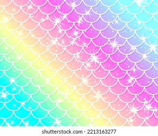 Mermaid kawaii pattern. Fish scale. Mermaid rainbow. Holographic magic stars. Color vector illustration. Rainbow background. Unicorn pattern.