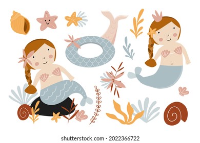 Mermaid kids set with sea nature elements. Vector illustration