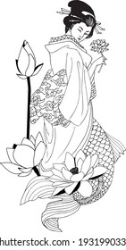 a mermaid in a kimono with a lotus flower in her hand in asian style