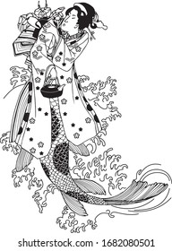 a mermaid in a kimono with a teapot and a crab on the background of waves in Asian style
