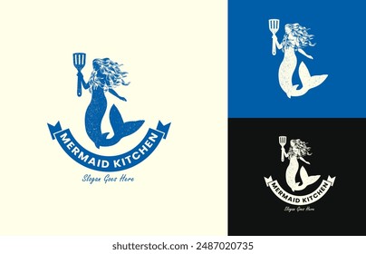 Mermaid kitchen logo design, is a logo design that simply illustrates the figure of a mermaid holding a large spatula in her hand, a logo for seafood restaurants, cafes, etc.