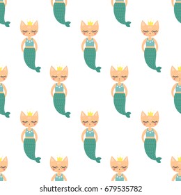 Mermaid kitten seamless pattern on white background. Vector sea background for kids. Child drawing style cartoon cat illustration. Fashion design for fabric, textile, decor.