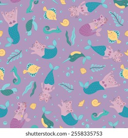 Mermaid kitty print with lilac background. Under the sea children's art pattern