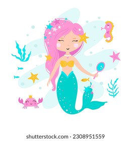 Сard with mermaid, leaves, seashells, seahorse and fish. Cute vector illustration