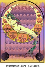 Mermaid lies on the moon. Purple background