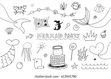 mermaid line party objects vector set