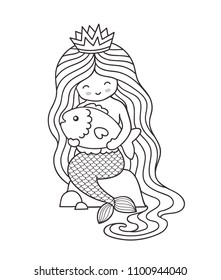 Mermaid. Little queen with crown and long beautiful hair, sitting on a rock, holding big fish. Outline illustration.