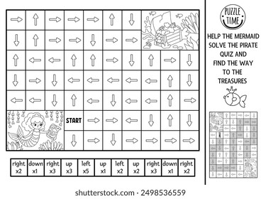 Meerjungfrauenlogik schwarz-weißes Labyrinth für Kinder mit Piratenkarte und Schatztruhe. Druckbare Aktivität im Ozeanreich. Labyrinth Spiel, Puzzle oder Malvorlage mit links, rechts, oben, unten Konzept