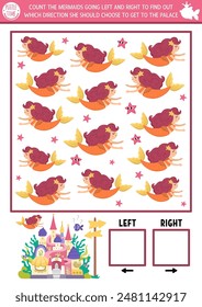 Mermaid logic game with right and left concept for kids. I spy searching, counting activity with sea princess. Fairytale ocean kingdom printable space orientation worksheet for preschool children
