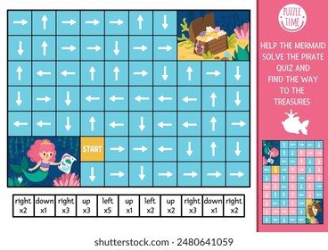 Meerjungfrauen-Logik-Labyrinth für Kinder mit Piraten-Karte und Schatztruhe. Märchenhafte ozeanische Königreich-Vorschule druckbare Aktivität. Labyrinth Spiel oder Puzzle mit links, rechts, oben, unten Konzept. Finden Sie den Weg
