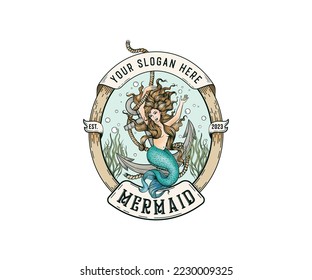 Mermaid-Logo-Banner zum Bearbeiten des individuellen Logo-Designkomplexes in Illustratoren