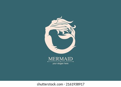 Mermaid logo. Brand template vector illustration. Siren and marine girl with a tail. Vintage hand drawn vector illustration for logo and poster