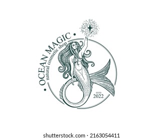 Mermaid logo. Brand template vector illustration. Siren and marine girl with a tail. Hand drawn vector illustration for logo and poster