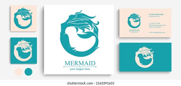 Mermaid logo. Brand template vector illustration. Siren and marine girl with a tail. Vintage hand drawn vector illustration for logo and poster