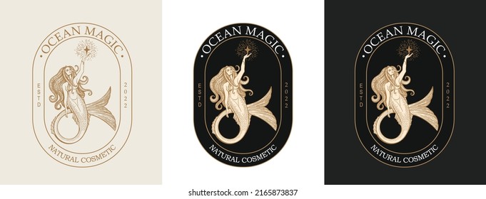 Mermaid logo. Brand template vector illustration. Siren and marine girl with a tail. Hand drawn vector illustration for logo and poster