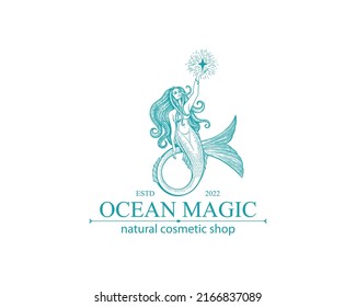 Mermaid logo. Brand template vector illustration. Siren and marine girl with a tail. Hand drawn vector illustration for logo and poster