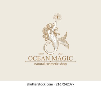 Mermaid logo. Brand template vector illustration. Siren and marine girl with a tail. Hand drawn vector illustration for logo and poster