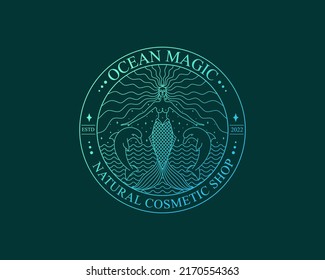 Mermaid logo. Brand template vector illustration. Siren and marine girl with a tail. Hand drawn vector illustration for logo and poster