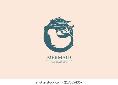 Mermaid logo. Brand template vector illustration. Siren and marine girl with a tail. Vintage hand drawn vector illustration for logo and poster