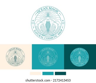 Mermaid logo. Brand template vector illustration. Siren and marine girl with a tail. Hand drawn vector illustration for logo and poster