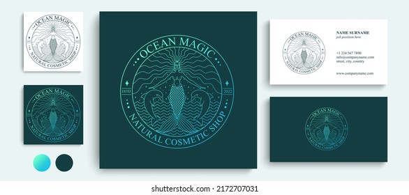 Mermaid logo. Brand template vector illustration. Siren and marine girl with a tail. Hand drawn vector illustration for logo and poster