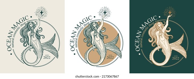 Mermaid logo. Brand template vector illustration. Siren and marine girl with a tail. Hand drawn vector illustration for logo and poster