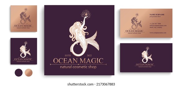 Mermaid logo. Brand template vector illustration. Siren and marine girl with a tail. Hand drawn vector illustration for logo and poster