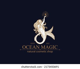 Logo de la sirena. Ilustración vectorial de plantilla de marca. Sirena y niña marina con cola. Ilustración vectorial dibujada a mano para logotipo y afiche