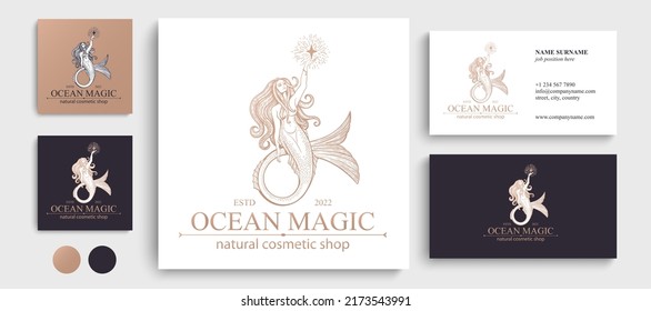 Mermaid logo. Brand template vector illustration. Siren and marine girl with a tail. Hand drawn vector illustration for logo and poster