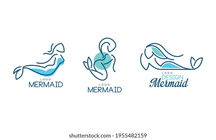 Mermaid Logo Design with Aquatic Creature Having Fish Tail Vector Set