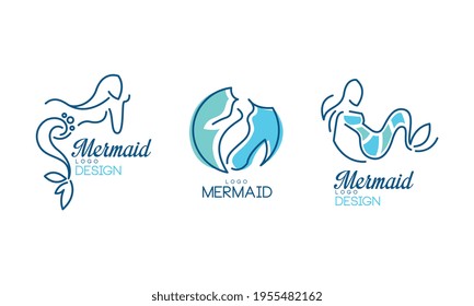 Mermaid Logo Design with Aquatic Creature Having Fish Tail Vector Set