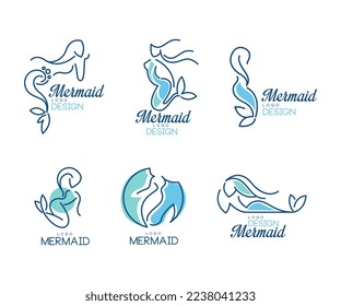 Mermaid Logo Design with Aquatic Creature Having Fish Tail Vector Set