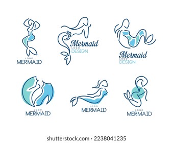 Mermaid Logo Design with Aquatic Creature Having Fish Tail Vector Set
