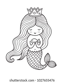 Mermaid with long curly hair and crown. Vector outline illustration for coloring book.