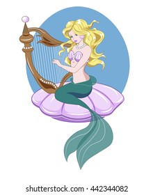 The  Mermaid with long golden hair plays a harp