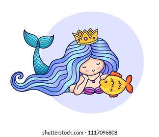 Mermaid with long gradient blue hair and golden fish. Vector colorful illustration.