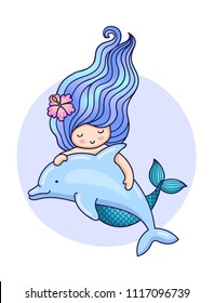 Mermaid with long gradient hair and dolphin. Cartoon characters. Colorful illustration for poster, postcard. Print for kids, children's, babies fashion and clothes.