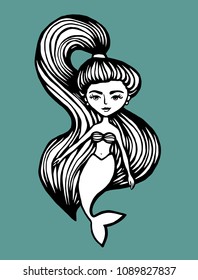 Mermaid with long hair. Hand-Drawn summer Doodle. Vector Illustration cartoon character. Young girl. vector illustration for t shirt printing and embroidery.
