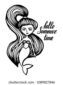 Mermaid with long hair. Hand-Drawn summer Doodle. Vector Illustration cartoon character. Young girl. vector illustration for t shirt printing and embroidery.