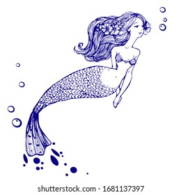 Mermaid with long hair. Ink sketch, hand drawn stock vector illustration on white background. Design for tattoo, coloring book page