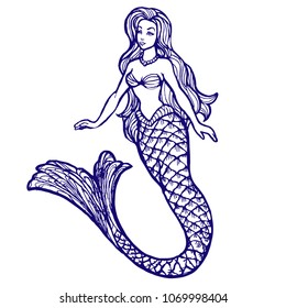 Mermaid with long hair line art ink drawn vector illustration isolated on white background for coloring book page