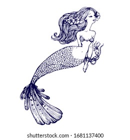 Mermaid with long hair, tied hands and flowers. Ink sketch, hand drawn stock vector illustration on white background. Design for tattoo, coloring book page